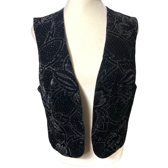 Boston Maid Vintage Vest Sparkly Black Velvet/Satin Open Front 90’s Size 10 (M) - Picture 1 of 3